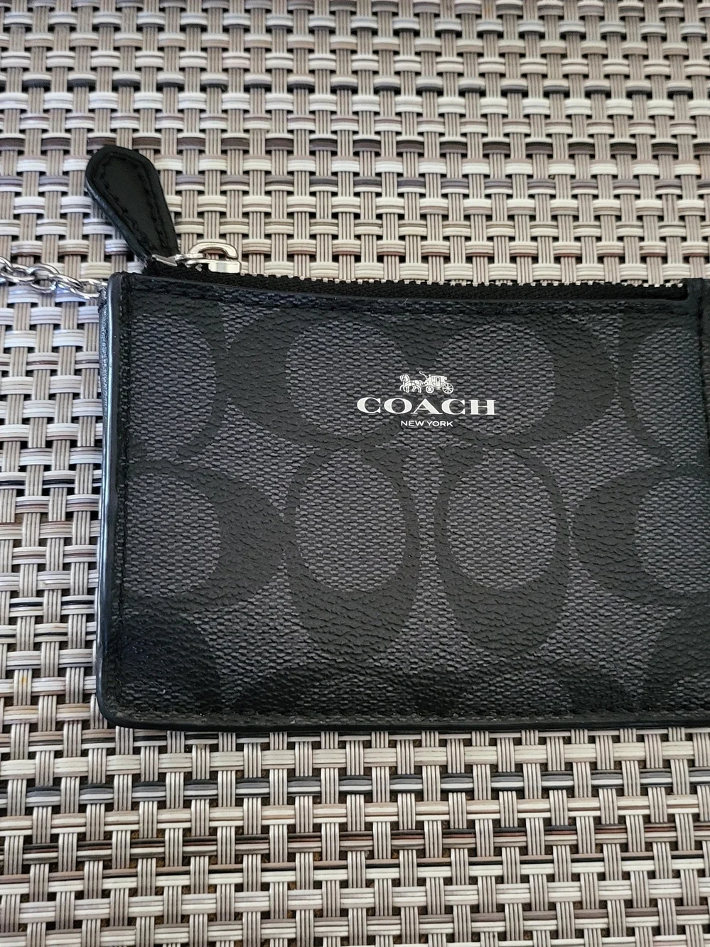 COACH Black Signature Zip Card Case Keyring